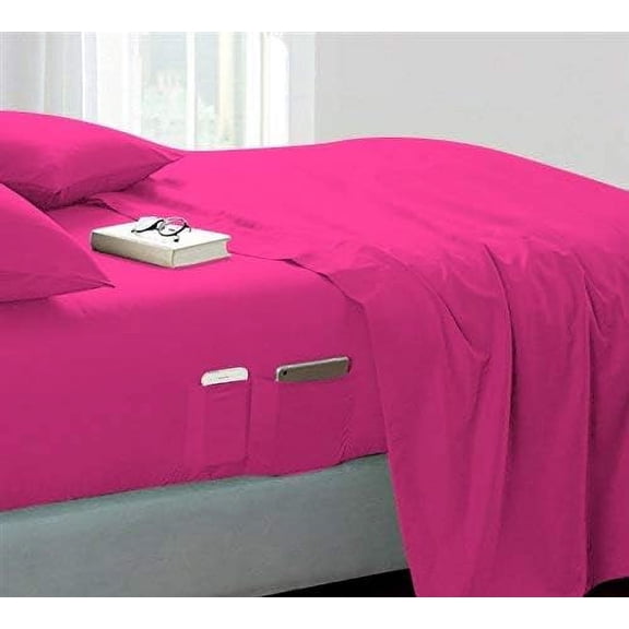 DNG Creations 4 Piece Sheet Set 6 Inch Deep Pocket With Side Storage Pockets 100% Egyptian Cotton, 800 Thread Count ( Solid Hot Pink - Twin )