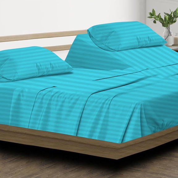 DNG Creations 4 Piece Split Top King Adjustable Flex Top Sheet Set 800 TC, 100% Egyptian Cotton 12 Inch Deep Pocket - 32" Split from The Top ( Stripe Turquoise )