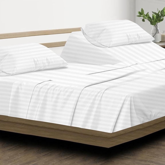 DNG Creations 4 Piece Split Top King Adjustable Flex Top Sheet Set 800 TC, 100% Egyptian Cotton 18 Inch Deep Pocket - 32" Split from The Top ( Stripe White )