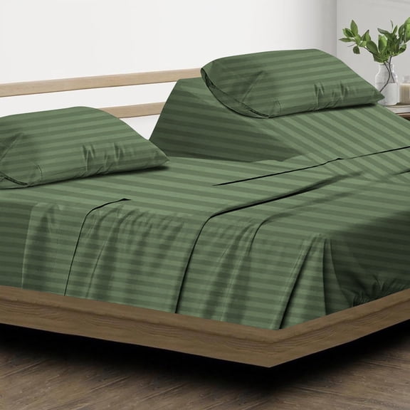 DNG Creations 4 Piece Split Top King Adjustable Flex Top Sheet Set 800 TC, 100% Egyptian Cotton 21 Inch Deep Pocket - 32" Split from The Top ( Stripe Moss )