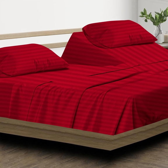 DNG Creations 4 Piece Split Top King Adjustable Flex Top Sheet Set 800 TC, 100% Egyptian Cotton 26 Inch Deep Pocket - 28" Split from The Top ( Stripe Red )