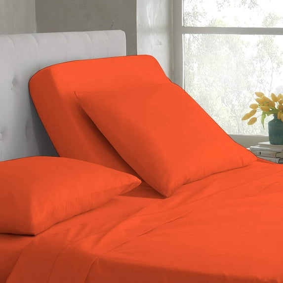 DNG Creations 4 Piece Split Top Queen Adjustable Flex Top Sheet Set 100% Egyptian Cotton, 800 Thread Count 24 Inch Deep Pocket - 34" Split from The Top ( Solid Orange )