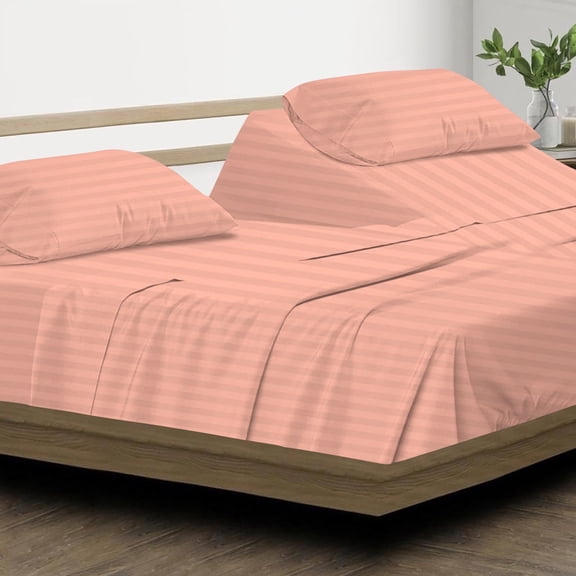 DNG Creations 4 Piece Split Top Queen Adjustable Flex Top Sheet Set 800 TC, 100% Egyptian Cotton 18 Inch Deep Pocket - 34" Split from The Top ( Stripe Peach )