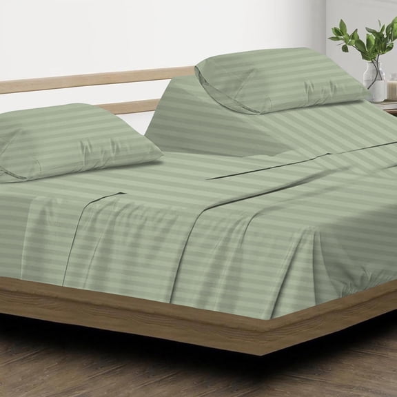 DNG Creations 4 Piece Split Top Queen Adjustable Flex Top Sheet Set 800 TC, 100% Egyptian Cotton 26 Inch Deep Pocket - 32" Split from The Top ( Stripe Light Sage )