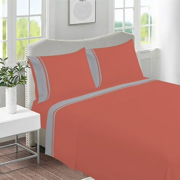 DNG Creations 4 Piece Two Tone Sheet Set - 10 Inch Deep Pocket ( Solid Brick Red/Silver - Queen )