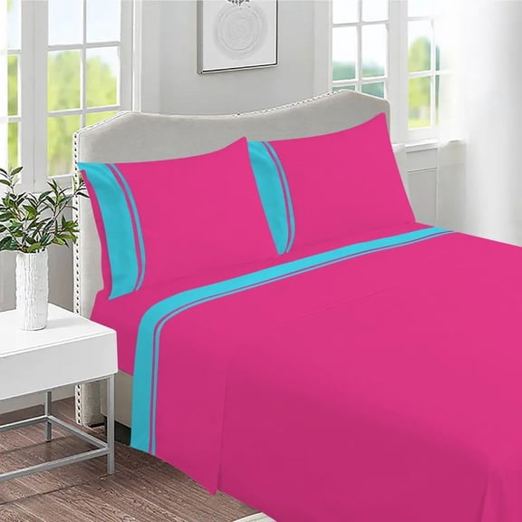 DNG Creations 4 Piece Two Tone Sheet Set - 24 Inch Deep Pocket ( Solid Hot Pink/Turquoise Blue - California King )