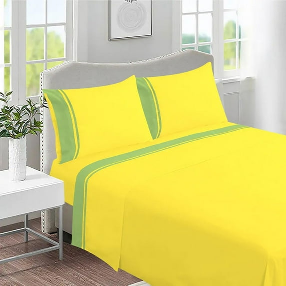 DNG Creations 4 Piece Two Tone Sheet Set - 10 Inch Deep Pocket ( Solid Yellow/Sage - King )