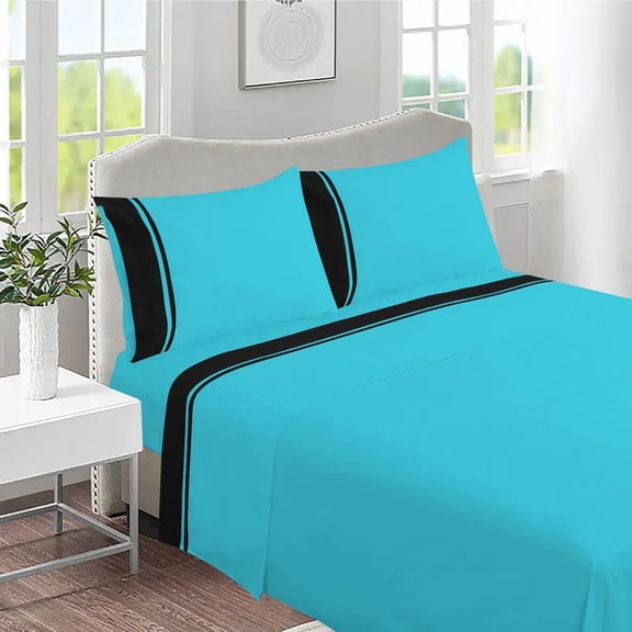 DNG Creations 4 Piece Two Tone Sheet Set 100% Egyptian Cotton, 800 Threads Count - 10 Inch Deep Pocket ( Solid Black/Turquoise - King )