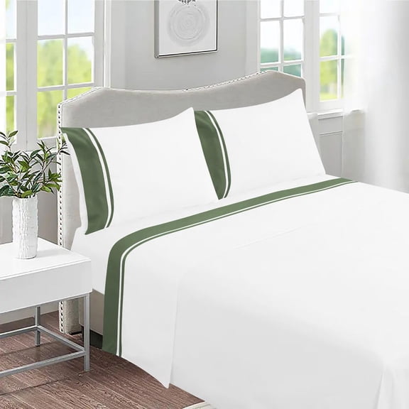DNG Creations 4 Piece Two Tone Sheet Set 100% Egyptian Cotton, 800 Threads Count - 10 Inch Deep Pocket ( Solid White/Moss - Queen )
