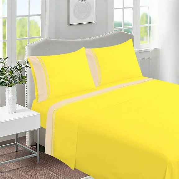 DNG Creations 4 Piece Two Tone Sheet Set 100% Egyptian Cotton, 800 Threads Count - 10 Inch Deep Pocket ( Solid Yellow/Ivory- Queen )