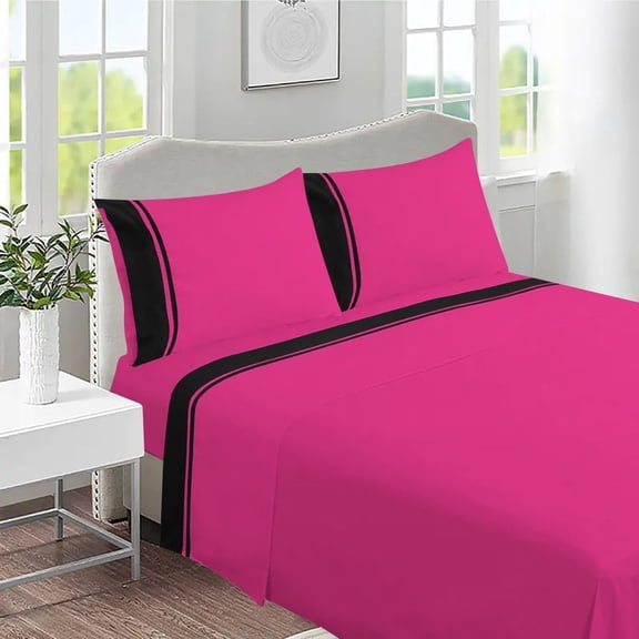 DNG Creations 4 Piece Two Tone Sheet Set 100% Egyptian Cotton, 800 Threads Count - 12 Inch Deep Pocket ( Solid Black/Hot Pink - Twin )