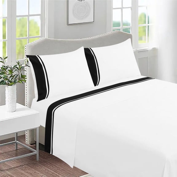 DNG Creations 4 Piece Two Tone Sheet Set 100% Egyptian Cotton, 800 Threads Count - 12 Inch Deep Pocket ( Solid Black/ White - Twin )