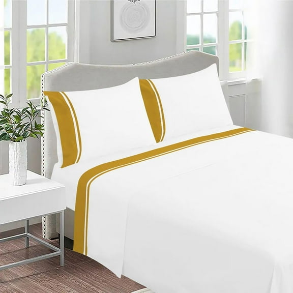 DNG Creations 4 Piece Two Tone Sheet Set 100% Egyptian Cotton, 800 Threads Count - 18 Inch Deep Pocket ( Solid White/Gold - Full )