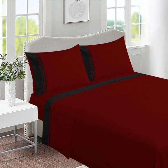 DNG Creations 4 Piece Two Tone Sheet Set 100% Egyptian Cotton, 800 Threads Count - 21 Inch Deep Pocket ( Solid Black/Burgundy - Full )
