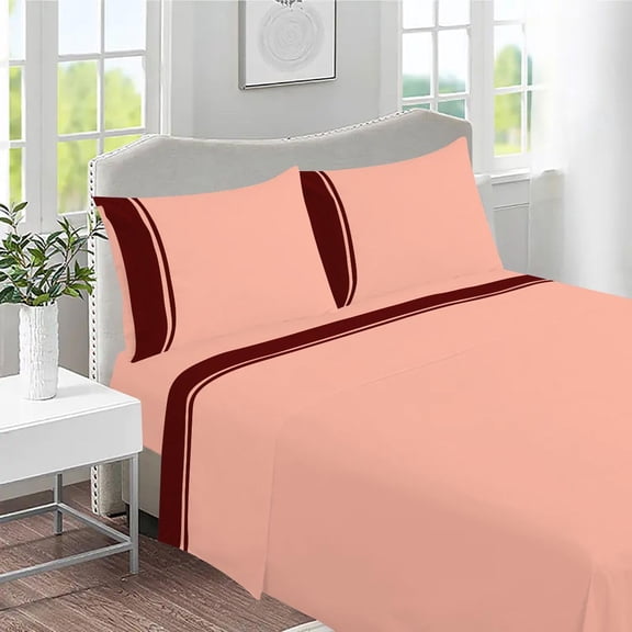 DNG Creations 4 Piece Two Tone Sheet Set 100% Egyptian Cotton, 800 Threads Count - 21 Inch Deep Pocket ( Solid Peach/Burgundy - Twin )