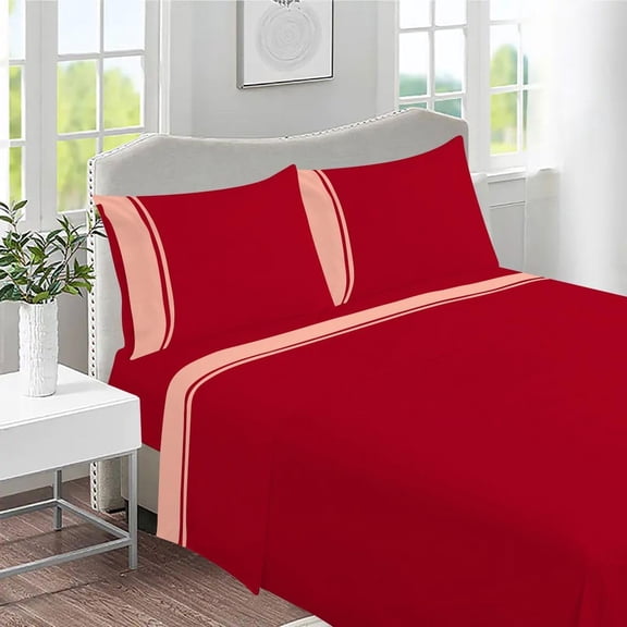 DNG Creations 4 Piece Two Tone Sheet Set 100% Egyptian Cotton, 800 Threads Count - 21 Inch Deep Pocket ( Solid Red/Peach - Twin )