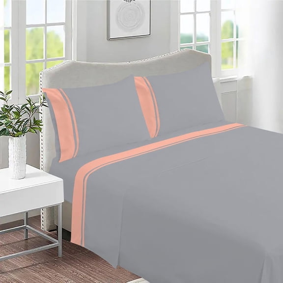 DNG Creations 4 Piece Two Tone Sheet Set 100% Egyptian Cotton, 800 Threads Count - 21 Inch Deep Pocket ( Solid Silver/Peach - Queen )