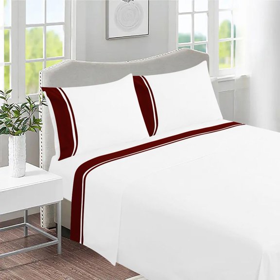 DNG Creations 4 Piece Two Tone Sheet Set 100% Egyptian Cotton, 800 Threads Count - 21 Inch Deep Pocket ( Solid White/Burgundy - King )