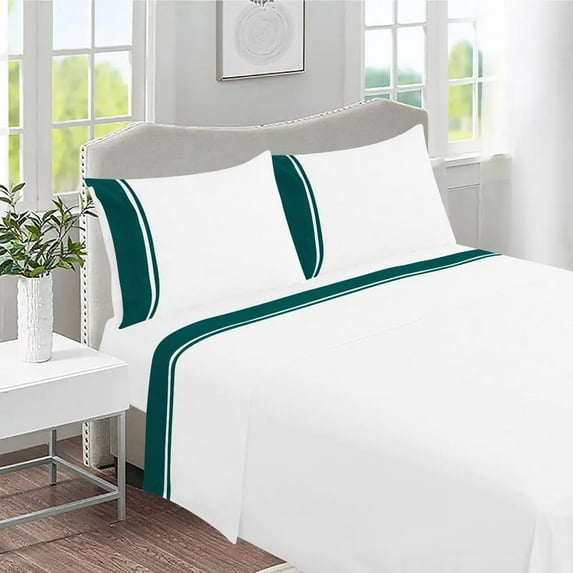 DNG Creations 4 Piece Two Tone Sheet Set 100% Egyptian Cotton, 800 Threads Count - 24 Inch Deep Pocket ( Solid White/Teal - Full )