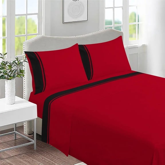 DNG Creations 4 Piece Two Tone Sheet Set 100% Egyptian Cotton, 800 Threads Count - 6 Inch Deep Pocket ( Solid Black/Red - Queen )