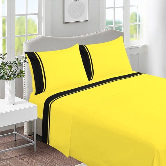DNG Creations 4 Piece Two Tone Sheet Set 100% Egyptian Cotton, 800 Threads Count - 6 Inch Deep Pocket ( Solid Black/Yellow - Queen )