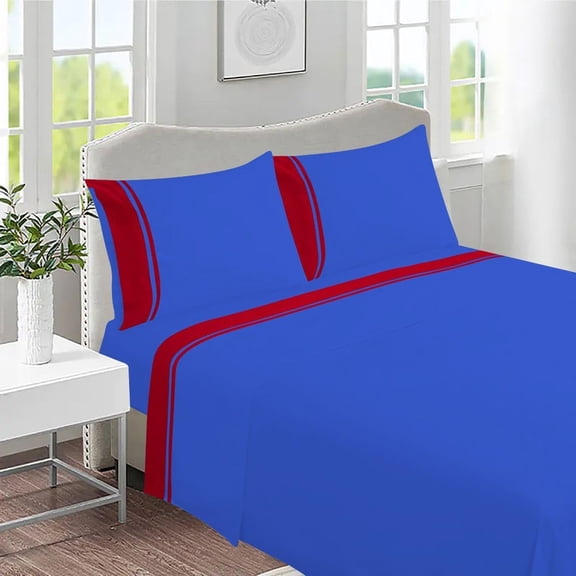 DNG Creations 4 Piece Two Tone Sheet Set 100% Egyptian Cotton, 800 Threads Count - 6 Inch Deep Pocket ( Solid Royal Blue/Red - Full )