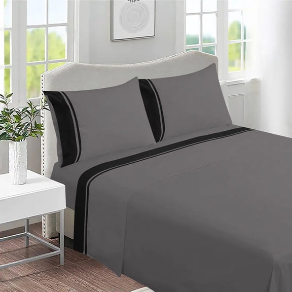 DNG Creations 4 Piece Two Tone Sheet Set 100% Egyptian Cotton, 800 Threads Count - 8 Inch Deep Pocket ( Solid Black/Dark Grey - Queen )