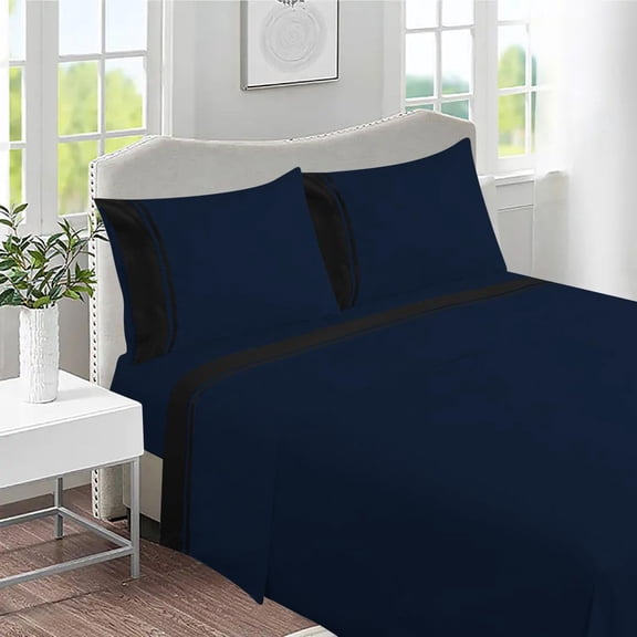 DNG Creations 4 Piece Two Tone Sheet Set 100% Egyptian Cotton, 800 Threads Count - 8 Inch Deep Pocket ( Solid Black/Navy Blue - Twin )