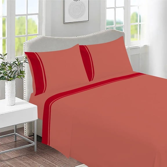DNG Creations 4 Piece Two Tone Sheet Set 100% Egyptian Cotton, 800 Threads Count - 8 Inch Deep Pocket ( Solid Brick-Red/Red - Twin XL )
