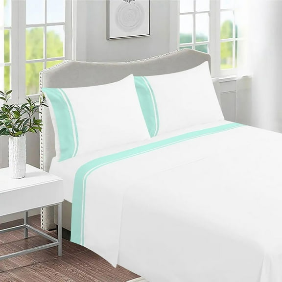 DNG Creations 4 Piece Two Tone Sheet Set 100% Egyptian Cotton, 800 Threads Count - 8 Inch Deep Pocket ( Solid White/Aqua Blue - Twin )