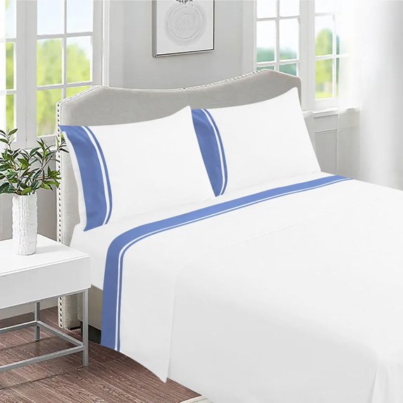 DNG Creations 4 Piece Two Tone Sheet Set 100% Egyptian Cotton, 800 Threads Count - 8 Inch Deep Pocket ( Solid White/Medium Blue - Twin )