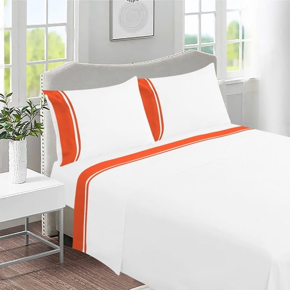 DNG Creations 4 Piece Two Tone Sheet Set 100% Egyptian Cotton, 800 Threads Count - 8 Inch Deep Pocket ( Solid White/Orange - Full )