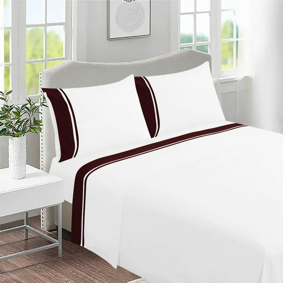 DNG Creations 4 Piece Two Tone Sheet Set 100% Egyptian Cotton, 800 Threads Count - 21 Inch Deep Pocket ( Solid White/ Wine - Twin )