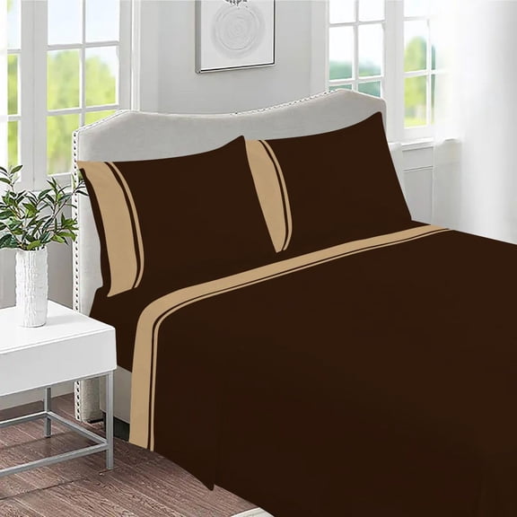 DNG Creations 4 Piece Two Tone Sheet Set - 15 Inch Deep Pocket ( Solid Chocolate/Taupe - Queen )