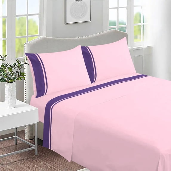 DNG Creations 4 Piece Two Tone Sheet Set - 18 Inch Deep Pocket ( Solid Light Pink/Purple - Olympic Queen )
