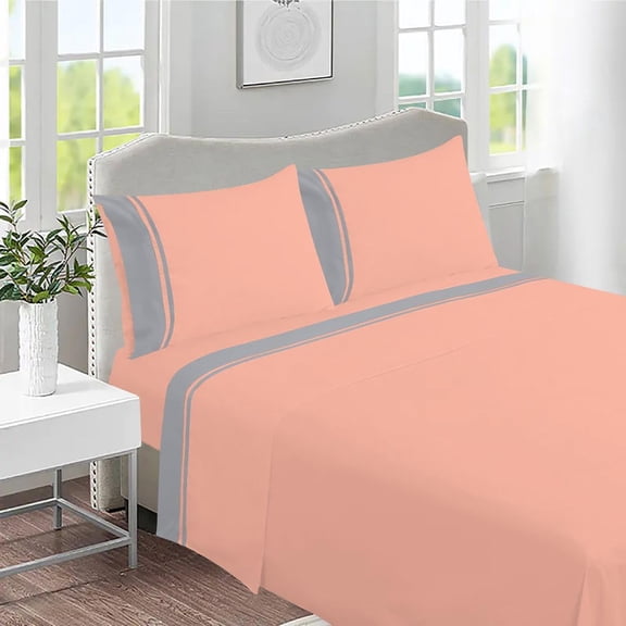 DNG Creations 4 Piece Two Tone Sheet Set - 18 Inch Deep Pocket ( Solid Peach/Silver - Queen )