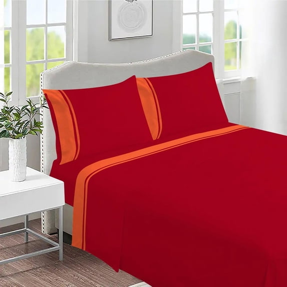 DNG Creations 4 Piece Two Tone Sheet Set - 18 Inch Deep Pocket ( Solid Red/Orange - California King )