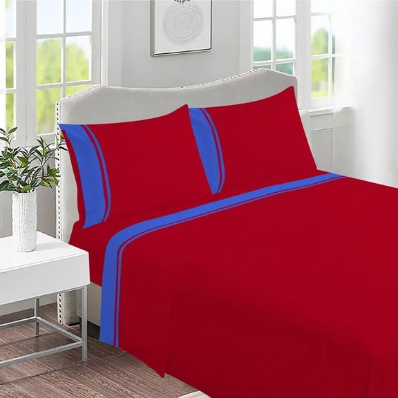 DNG Creations 4 Piece Two Tone Sheet Set - 24 Inch Deep Pocket ( Solid Red/Royal Blue - King )