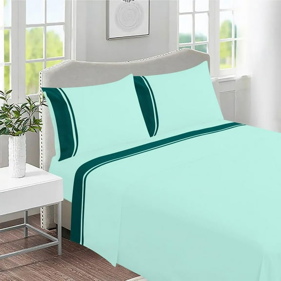 DNG Creations 4 Piece Two Tone Sheet Set - 24 Inch Deep Pocket ( Solid Aqua Blue/Teal - King )