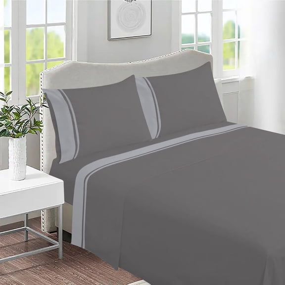 DNG Creations 4 Piece Two Tone Sheet Set - 24 Inch Deep Pocket ( Solid Dark-Grey/Silver - King )