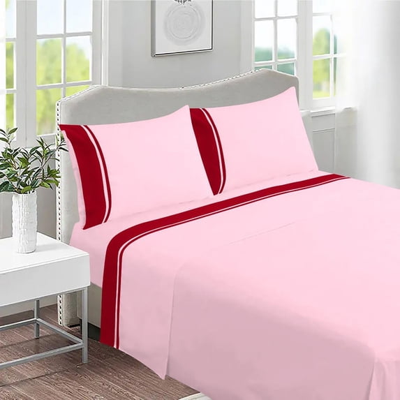 DNG Creations 4 Piece Two Tone Sheet Set - 24 Inch Deep Pocket ( Solid Light Pink/Red - King )