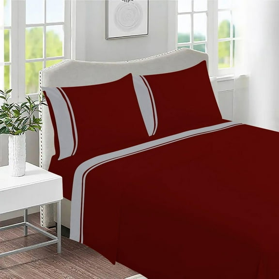 DNG Creations 4 Piece Two Tone Sheet Set - 6 Inch Deep Pocket ( Solid Burgundy/Silver - Twin XL )