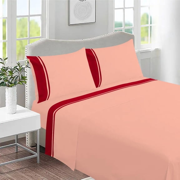 DNG Creations 4 Piece Two Tone Sheet Set - 6 Inch Deep Pocket ( Solid Peach/Red - Twin )