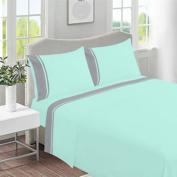 DNG Creations 4 Piece Two Tone Sheet Set - 8 Inch Deep Pocket ( Solid Aqua Blue/Silver - Twin )