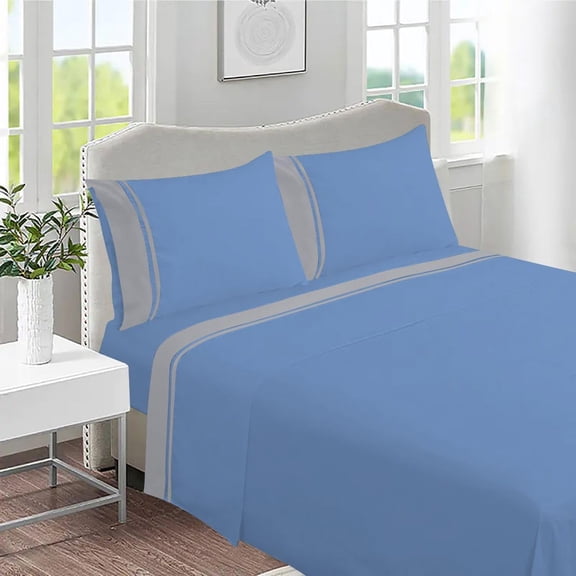 DNG Creations 4 Piece Two Tone Sheet Set - 8 Inch Deep Pocket ( Solid Medium Blue/Silver - Queen )