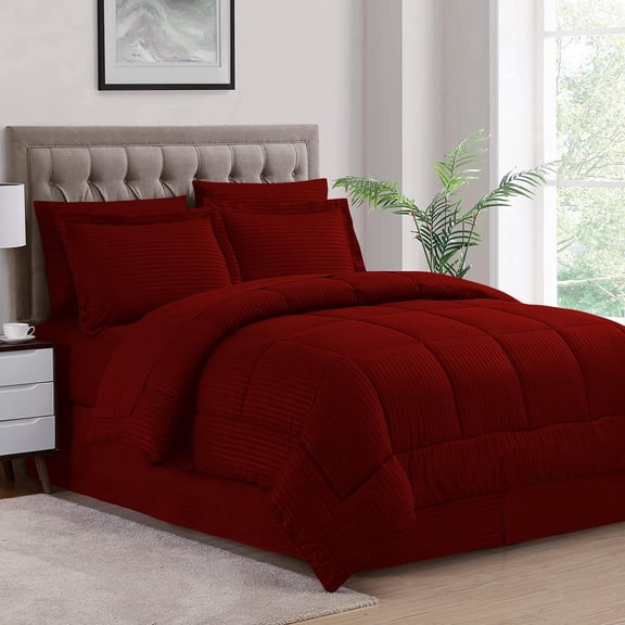 DNG Creations 5 Piece Box Stitched Striped Pattern Comforter 100% Egyptian Cotton Quilt Cover 800 TC All Season 550 GSM ( Oversized Queen Size ) Stripe Burgundy Colour