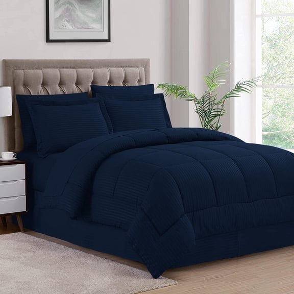 DNG Creations 5 Piece Box Stitched Striped Pattern Comforter 100% Egyptian Cotton Quilt Cover 800 TC All Season 550 GSM ( Twin/Twin XL Size ) Stripe Navy Blue Colour