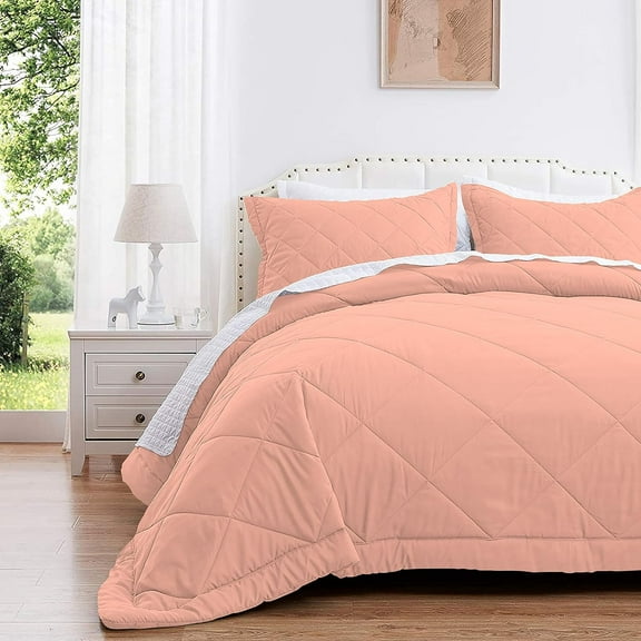DNG Creations 5 Piece Diamond Pattern Comforter Set, 800 Thread Count, 100% Egyptian Cotton - Oversized Queen, Solid Peach Color
