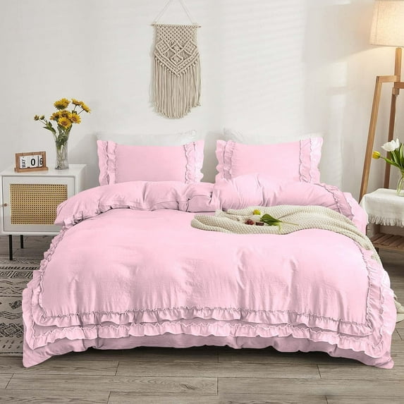DNG Creations 5 Piece Double Ruffle Duvet Cover With Zipper Closure ( Solid Baby Pink ) All-Season 100% Egyptian Cotton, 800 Thread Count ( Twin/Twin XL - Size )