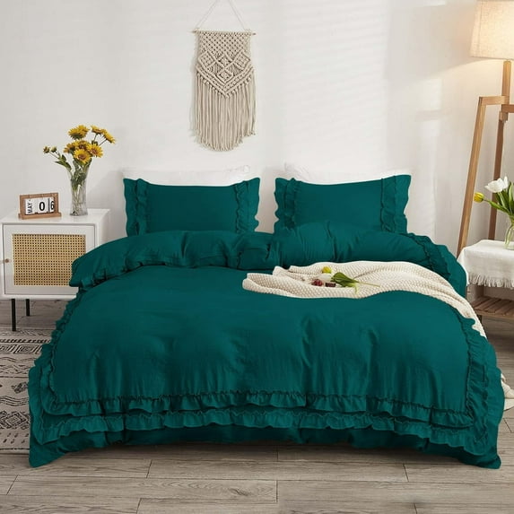 DNG Creations 5 Piece Double Ruffle Duvet Cover With Zipper Closure ( Solid Teal ) All-Season 100% Egyptian Cotton, 800 Thread Count ( Oversized King - Size )